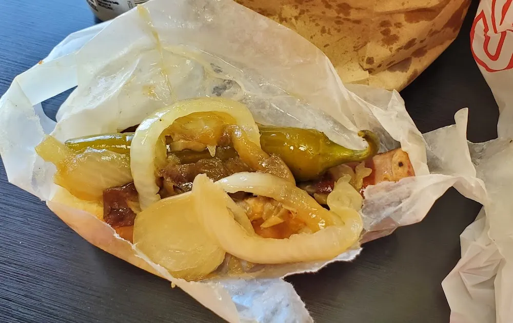 Original Polish Sausage Dog with Onions and Sport Pepper